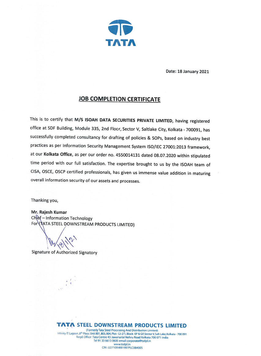 Job Compliment Certificate Tata Steel