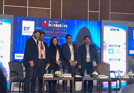 ISOEH Director Sandeep Sengupta with Honorable Panelists At Infocom 2018 along with Chairperson Burgess Cooper, Partner – Information & Cyber Security, Ernst & Young LLP. The panelists were Pooja Sharma, Global Head NSS (IT) and CISO, Nihilent Ltd, Pallab Ganguly, Deputy Manager & CISO – Generation, CESC Ltd., Biswajit De, Senior Technical Consultant, Trend Micro