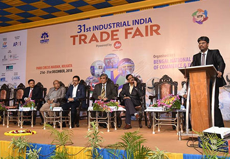 ISOEH conducted a grand Hackathon for IITF and was invited at IITF (31st Industrial India Trade Fair)  main event, the oldest fair in Kolkata, organized by BNCCI. ISOEH Director Sandeep Sengupta is sharing the stage with Industry delegates