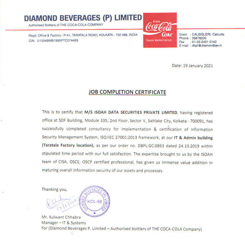 Job Compliment Certificate Diamond Beverages